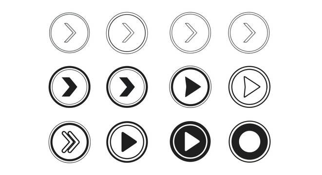 Collection of various play, pause, and skip button icons in different styles and colors