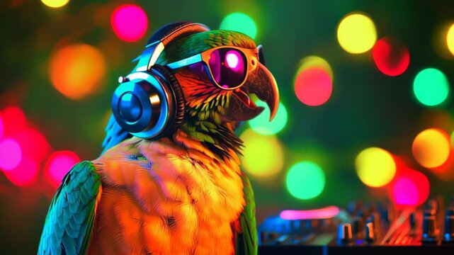 Parrot wearing headphones at a colorful party with music in the background