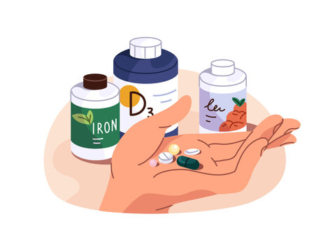 Person is taking vitamins. Hand with pills of food additives for energy. Nutritional or dietary supplements for balanced and healthy eating. Flat isolated vector illustration on white background