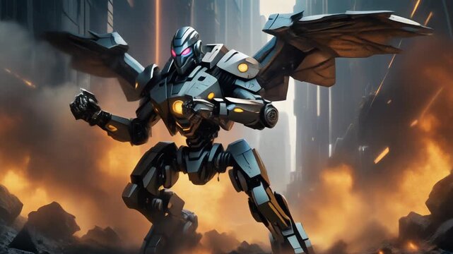 Giant robot defends futuristic city in explosive action scene with fire.