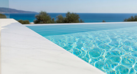 Infinity edge swimming pool with shimmering blue water and mediterranean sea view. Luxury summer vacation concept for travel brochure.