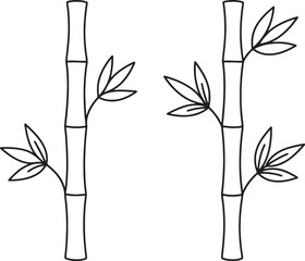 Fototapeta premium Two black line drawn bamboo stalks with leaves on white background also transparent background black lines