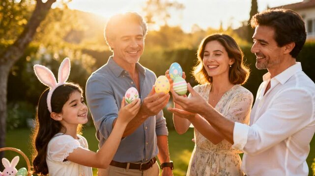 As sunlight warming, family raising Easter eggs in backyard, child wearing bunny ears celebrating