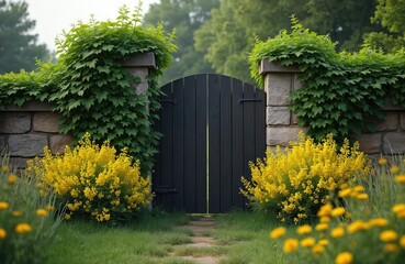 Dark wooden garden gate with stone pillars covered in green ivy. Yellow flowers bloom around the entrance path. Lush grass surrounds the scene creating a vibrant summer mood.
