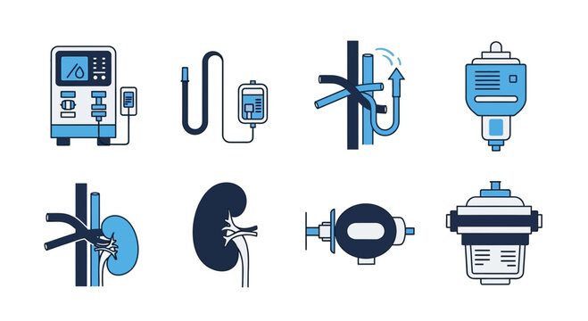 Set of eight blue and dark blue icons related to kidney function and dialysis
