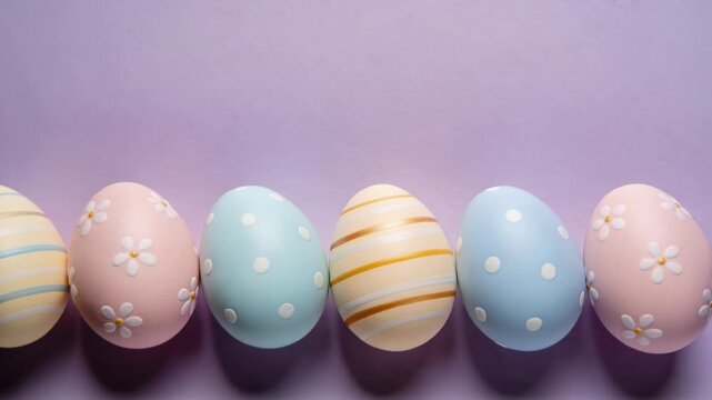 Vertical video: Six eggs sliding on lavender, slider nudging row to showcase daisy dots for design