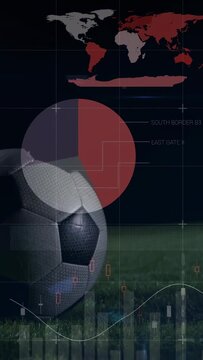 Vertical video: soccer ball on grass HUD fading and sliding as charts updating for sports analytics