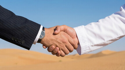 Handshake business agreement partnership desert trust deal cooperation success collaboration unity support professional outdoor sand sky greeting