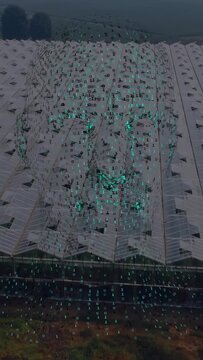 Vertical video: Greenhouse roof reacting to camera sweep, digits forming face and mapping crop data