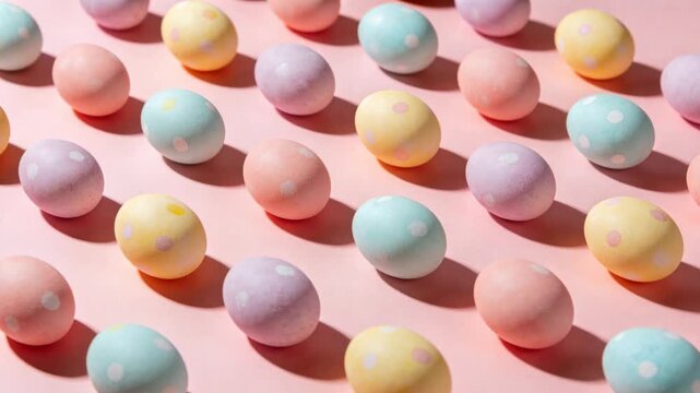 Sliding camera shifting right and zooming, adjusting framing over studio table, pastel eggs shadows