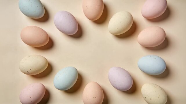 Drifting soft speckled eggs in ring shifting across frames, settling on pale peach mat with shadows