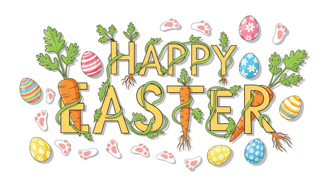 Happy easter text intertwined with carrots and colorful eggs
