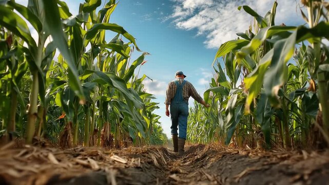 Farmer walks through cornfield in overalls and cap during daytime near harvest season under blue sky
