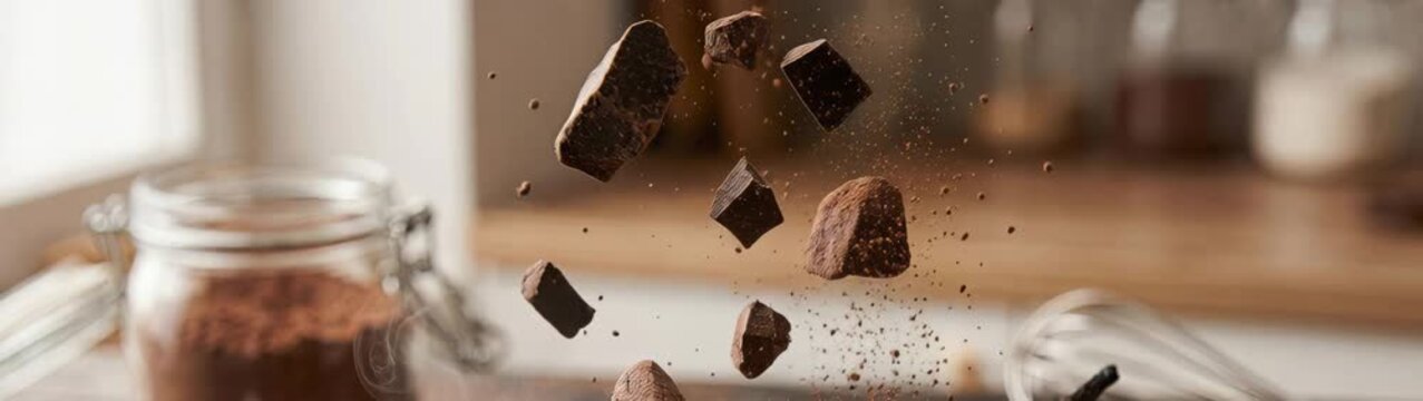 Indulgence And Sweet Treat Concept Slow Motion Of Chocolate Pieces Falling Near Jar Of Cocoa Powder For Commercial.