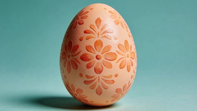 Zooming camera moving closer to decorated egg on teal backdrop, revealing orange floral pattern