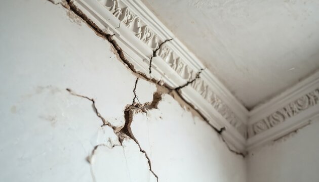 Cracked white ceiling and wall trim show structural damage. Plaster fragments break away from the distressed interior surface. Repair needed for old house upkeep and maintenance.