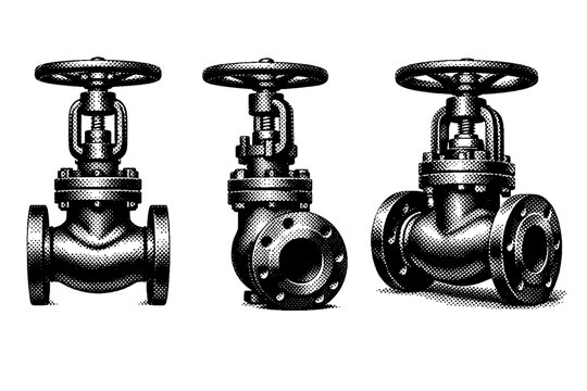 Globe valve A classic industrial globe valve with curved body and handwheel shown in front view, side angle, and three-quarter perspective to emphasize the