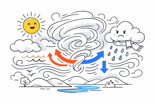 How Weather Patterns Are Formed. Warm and cold air masses collide above a simplified landscape, creating swirling cloud shapes and flowing wind lines. Sun,