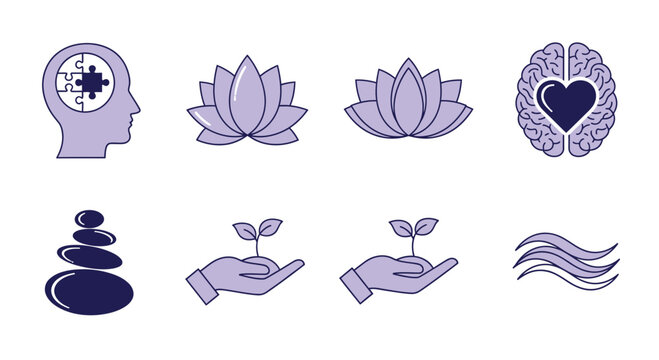 Eight icons arranged in two rows depicting mental clarity lotus flowers brain heart stone stack hands nurturing sprouts and waves