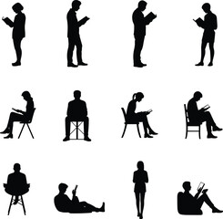 Obraz premium Set of silhouettes of diverse people reading books and using digital tablets in various sitting and standing poses for education concepts