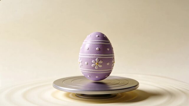 Magnet activating lavender egg with daisies and raised dots, hovering above metal base with ripples