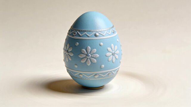 Rotating blue egg after slight nudge on pale beige tabletop on dark base, showing floral motifs