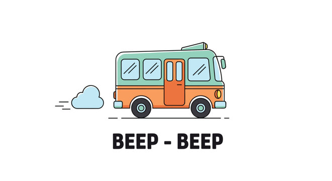 Small colorful cartoon bus traveling along the road with a puff of smoke and the text beep beep on a white background.