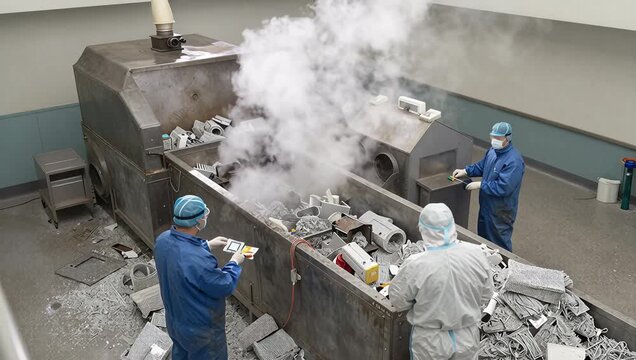 Industrial Waste Processing with Workers in Protective Gear