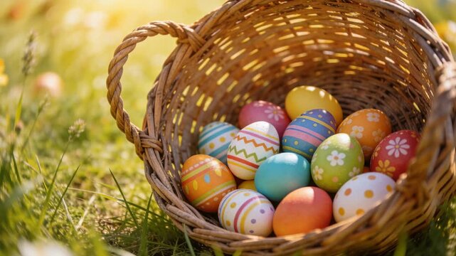 Moving camera revealing woven wicker basket in grassy meadow, showing painted Easter egg patterns