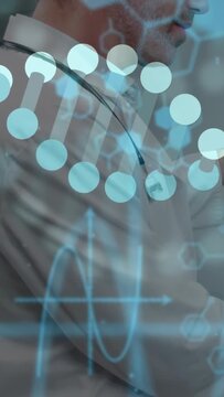 Vertical video: Dr touching steth as camera shifting, AR DNA waveform over chest for exam