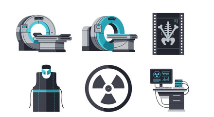 Fototapeta premium Collection of radiology equipment and safety icons in a flat illustration style
