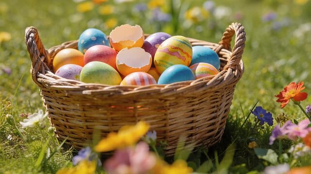 Pushing cam in, basket lowering in meadow, wind moving, painted-eggs cracked-shells to show texture