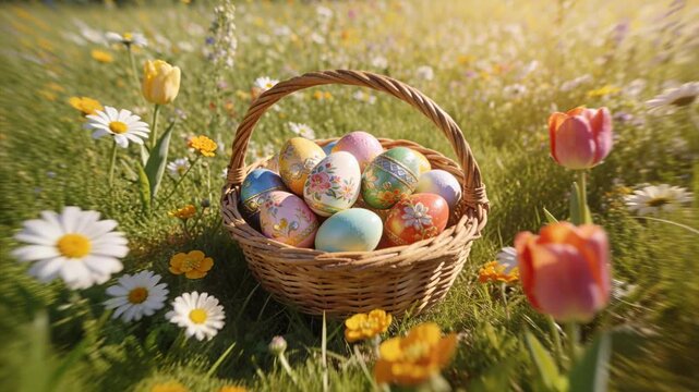 Starting shot, camera gliding, nudging focus in sunny meadow, showing painted eggs in wicker basket
