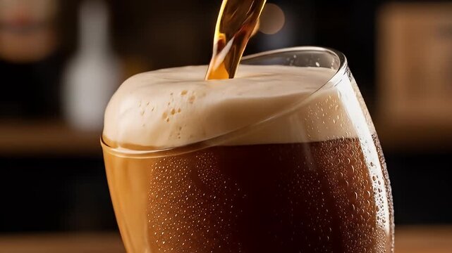 Dark amber liquid pours into a condensation-covered glass, creating a thick head of foam.  The background is blurred, suggesting a bar or pub setting