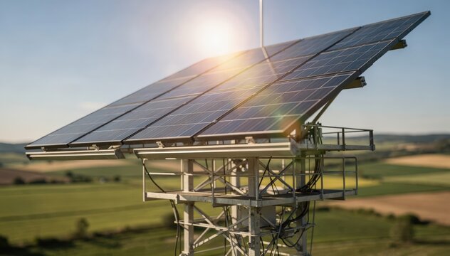 Closeup medium shot of a solarpowered relay towers solar panels angled towards the sun with blurred rolling hills and fields behind.