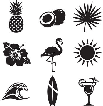 Tropical Summer Vacation Icons Set with Pineapple, Coconut, Palm Tree