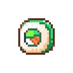 Obraz premium Pixel Art Cucumber Sushi Roll Icon. Retro 8 Bit Japanese Vegetarian Pixel Food Vector Illustration for Game UI, Stickers and Menu Design. Pixel Green Sushi Roll 