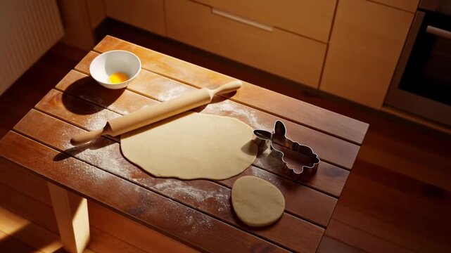An overhead flat lay of baking preparation with cookie cutters, dough and flour on a wooden kitchen table in cozy warm light concept of family baking tradition for easter