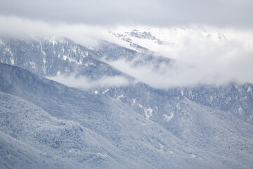 Fototapeta premium View of the snow-covered Sacra di San Michele (Turin, Italy)
