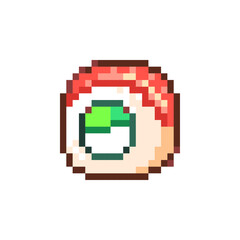 Fototapeta premium Pixel Art Salmon Roll Sushi Icon. Retro 8 Bit Japanese Maki Food Vector Illustration for Game UI, Stickers and Menu Design 