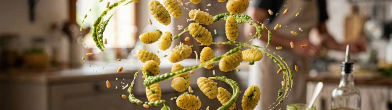 Culinary Arts And Food Preparation Concept Slow Motion Of Gnocchi Pesto And Pine Nuts Being Tossed In Kitchen.