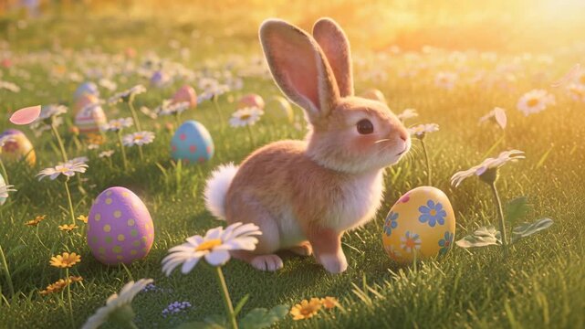Sniffing brown rabbit following daisy scent, hopping through sunlit grassy meadow with Easter eggs