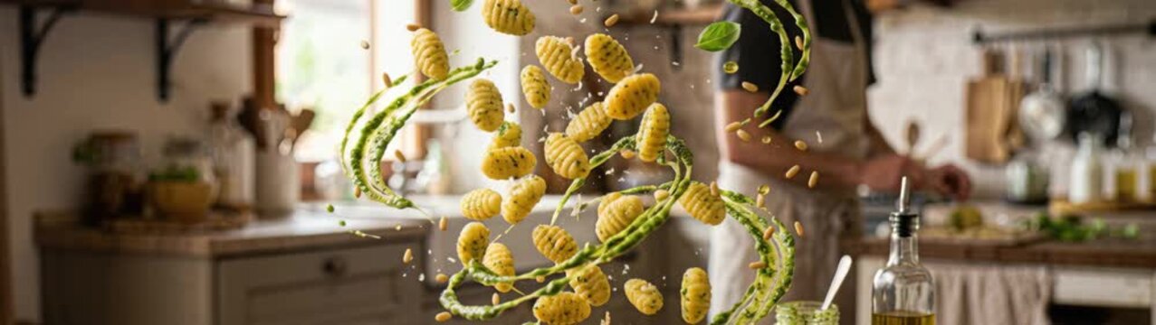 Culinary Arts And Food Preparation Concept Slow Motion Of Gnocchi Pesto And Pine Nuts Being Tossed In Kitchen.