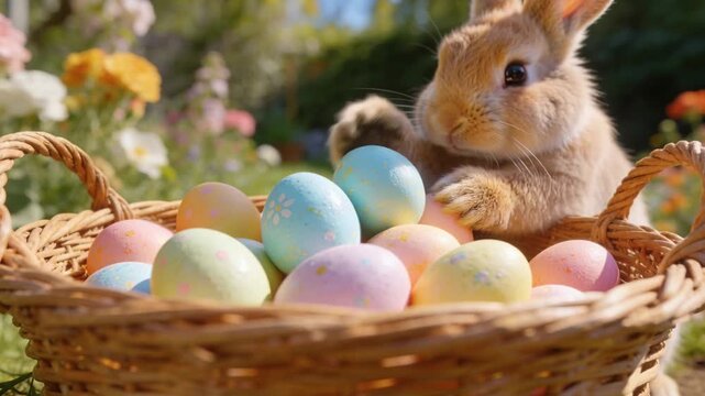 Spotting pastel eggs, brown rabbit reaching into wicker basket on sunny lawn, nibbling blue egg