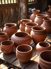 Handmade Terracotta Clay Pots on Rustic Wooden Table in Pottery Workshop