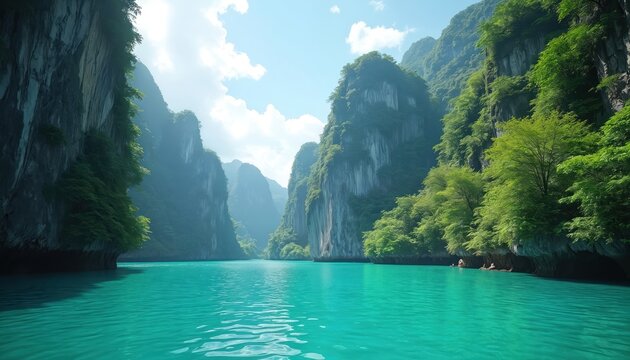 Tourists boat on turquoise water canal between karst limestone cliffs covered by rich green jungle. Scenic tropical island landscape with rocky mountains, blue sky. Amazing nature travel destination.