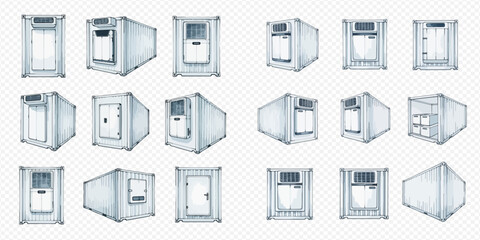 Fototapeta premium Set of refrigerator containers for storage and transportation of food products, medical supplies, and other goods.