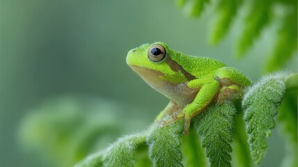 Obraz premium Tiny bright green frog with large eyes perched on fuzzy plant leaf in natural outdoor setting