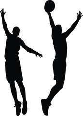 Black silhouettes of basketball players jumping for slam dunk, isolated on white background sports vector design © Momin