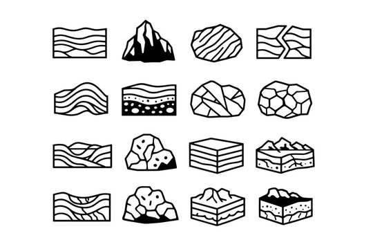 Geological formations. Line icon set of Geological formations: sedimentary layers, igneous rock shape, metamorphic rock texture, fault line rocks, folded